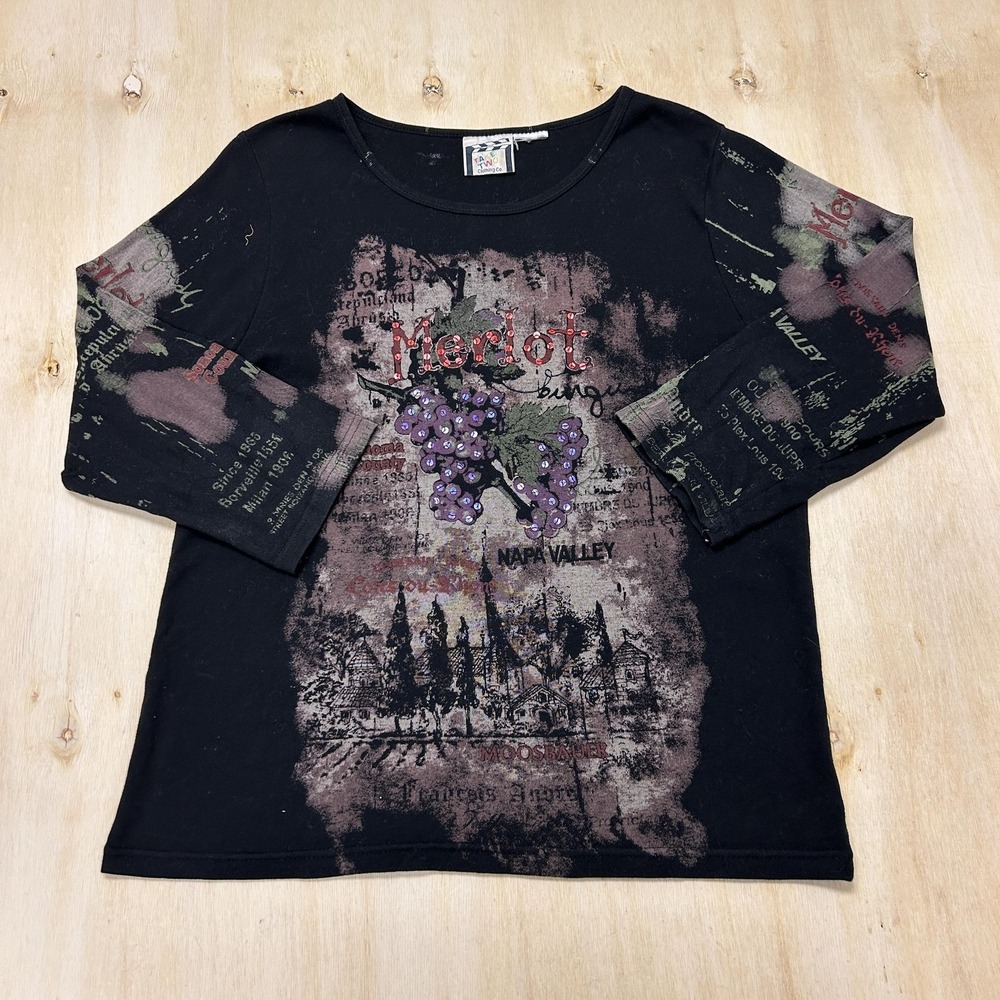 Vintage Take Two Clothing Co Shirt Womens M Black Merlot Napa Valley Sequin Wine